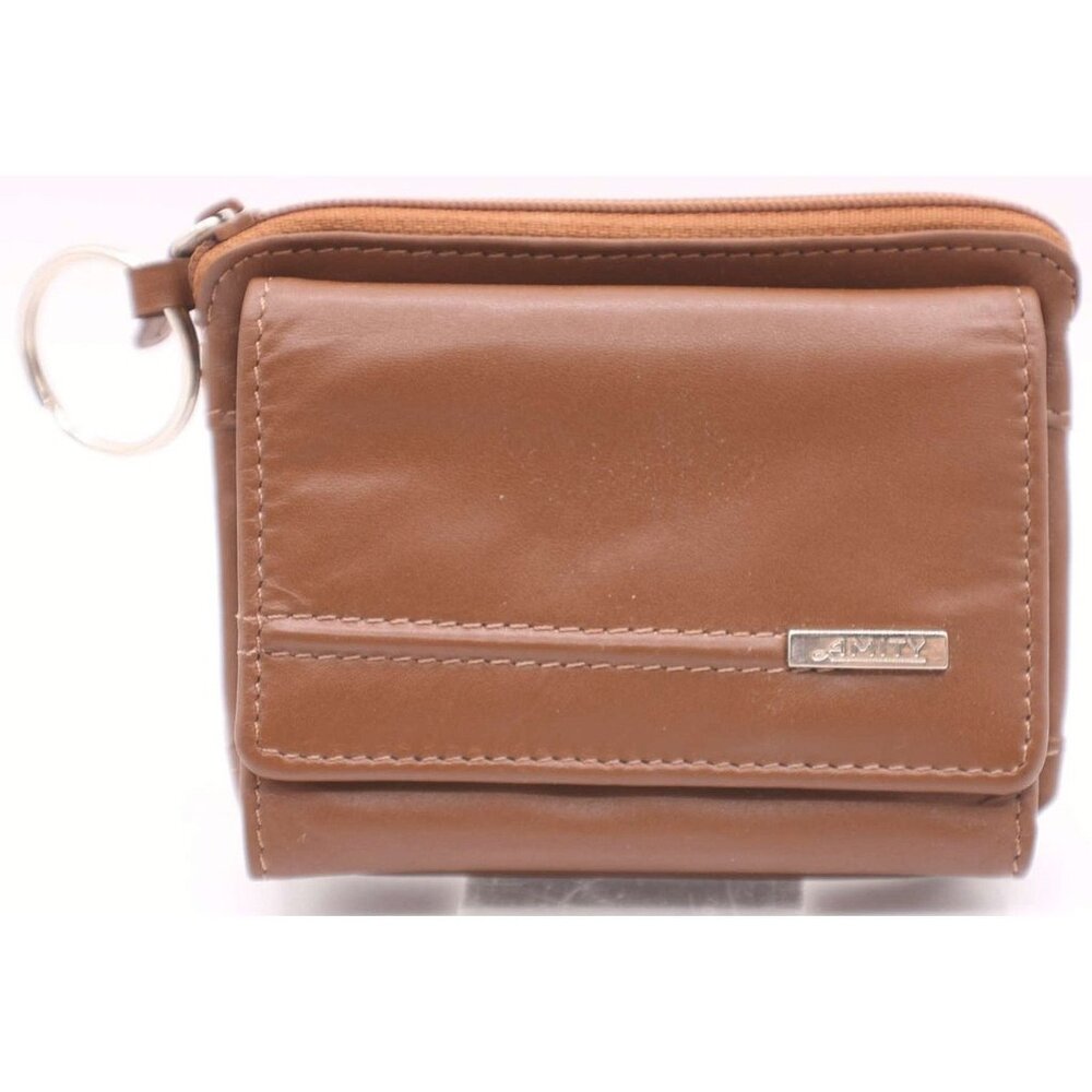 AMITY Genuine Leather Tri-Fold Coin Purse Wallet Brown Zippered ID Window Vintag